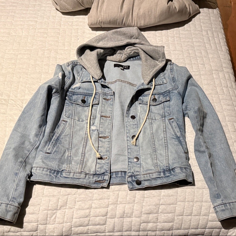 Kut from the Kloth Blue Denim Jacket with Gray Hood